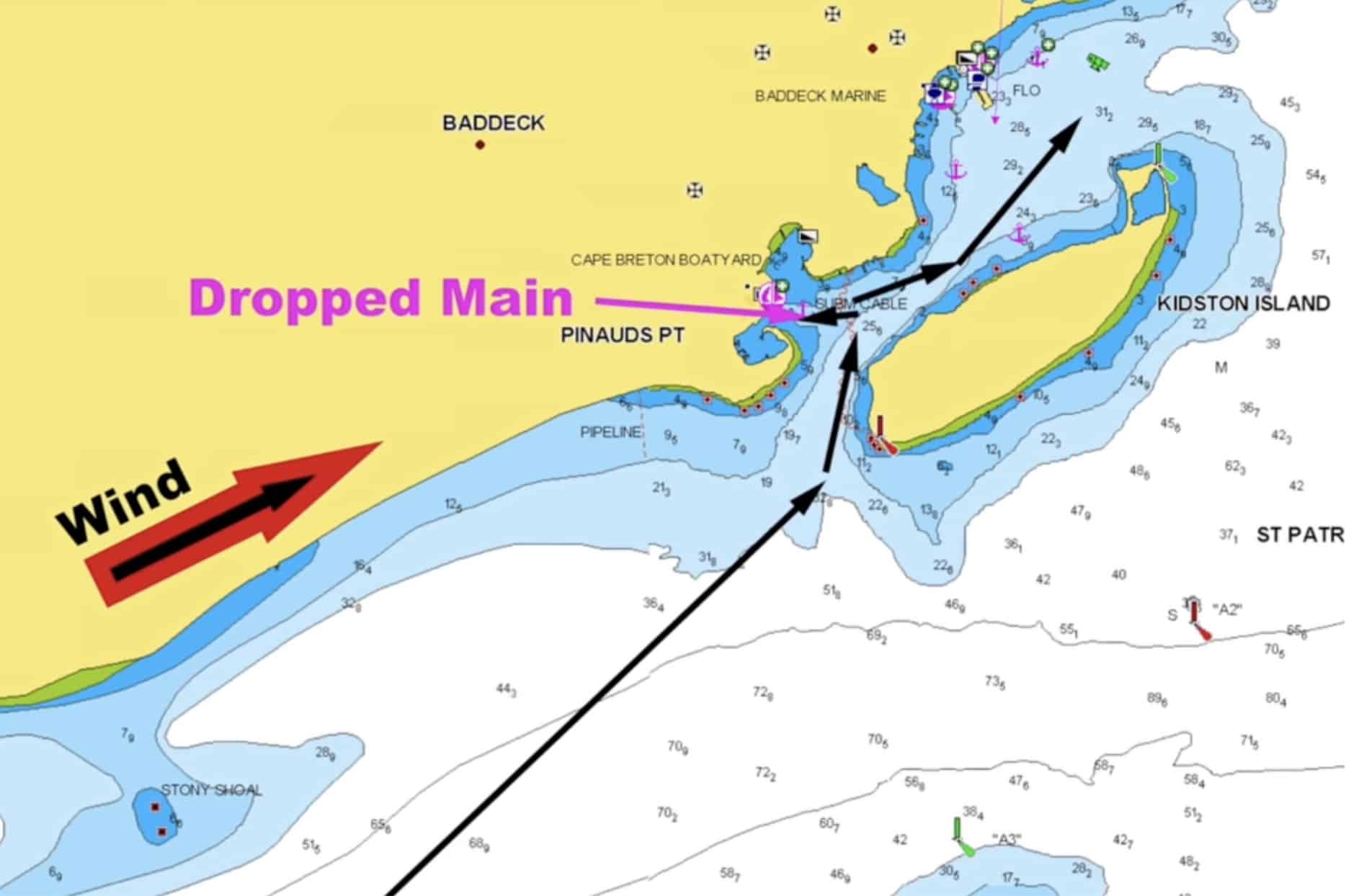 Nautical chart near Baddeck showing wind direction and the spot where the mainsail was dropped