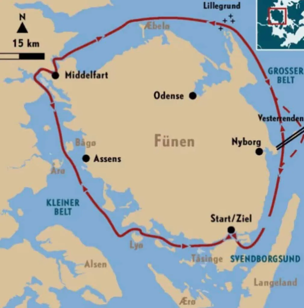 Map of the Silverrudder Challenge race route circling the Danish island of Funen