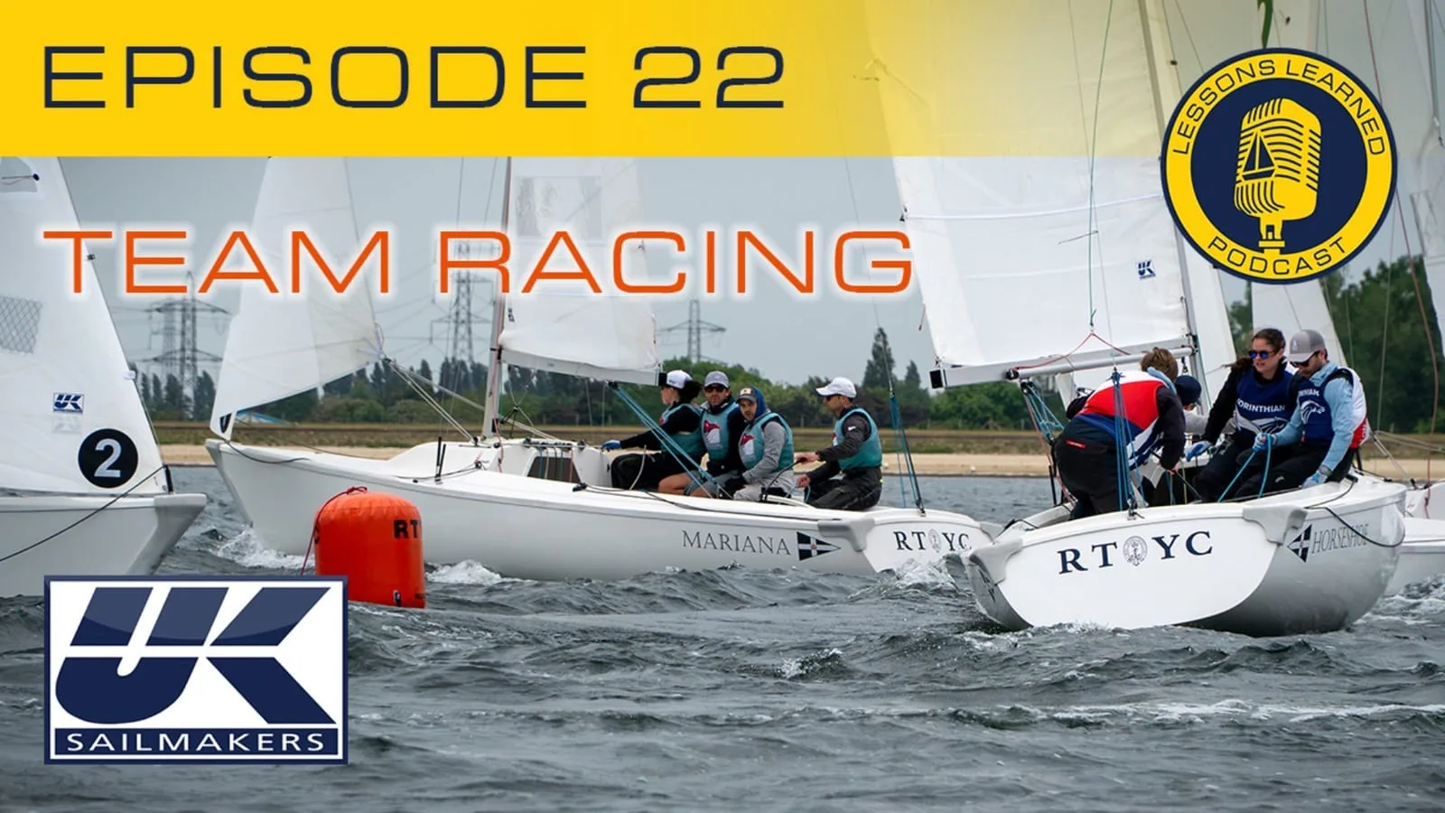 Lessons Learned podcast Episode 22 cover graphic: Team Racing, with UK Sailmakers branding