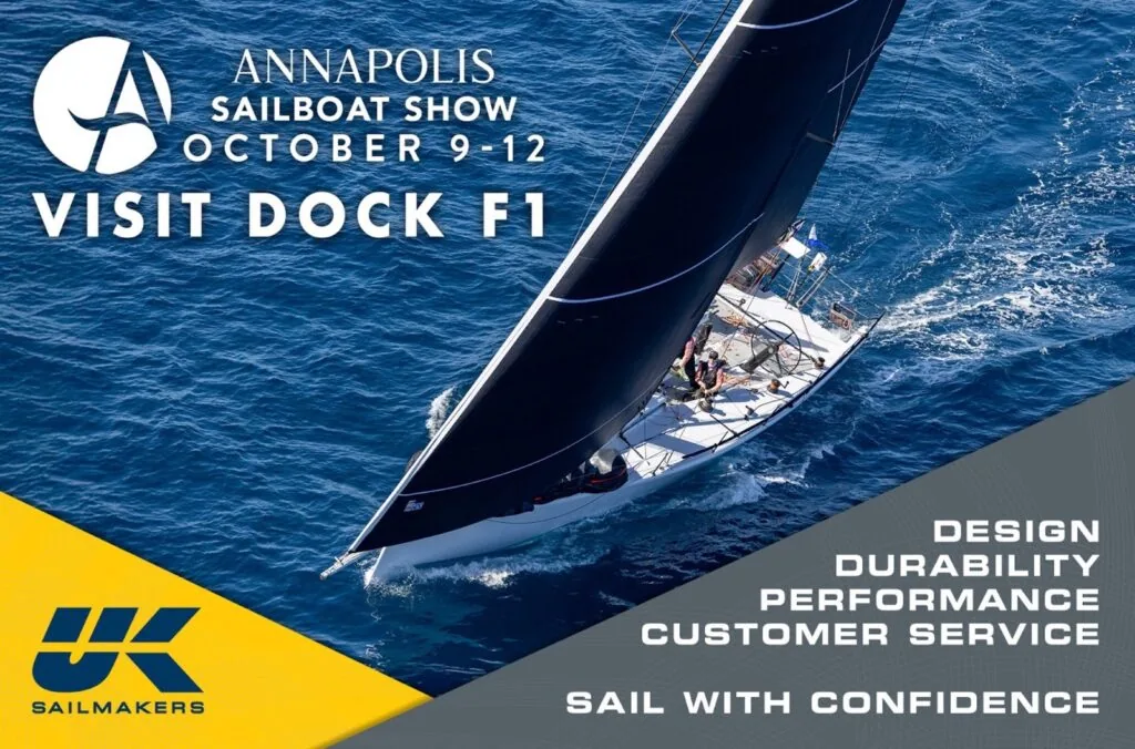 Visit Dock F1 graphic promoting UK Sailmakers at the Annapolis Sailboat Show, October 9-12
