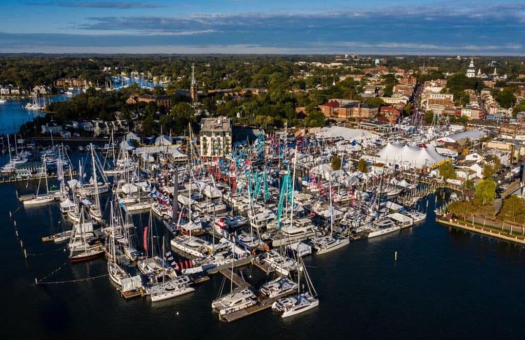 Aerial view of the Annapolis Sailboat Show marina crowded with boats and exhibitor tents