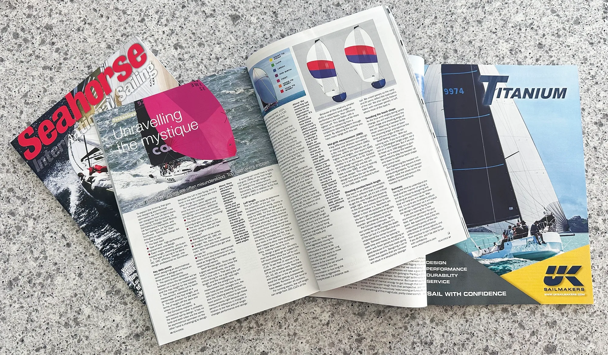 Seahorse magazine open to a feature article beside a UK Sailmakers Titanium advert