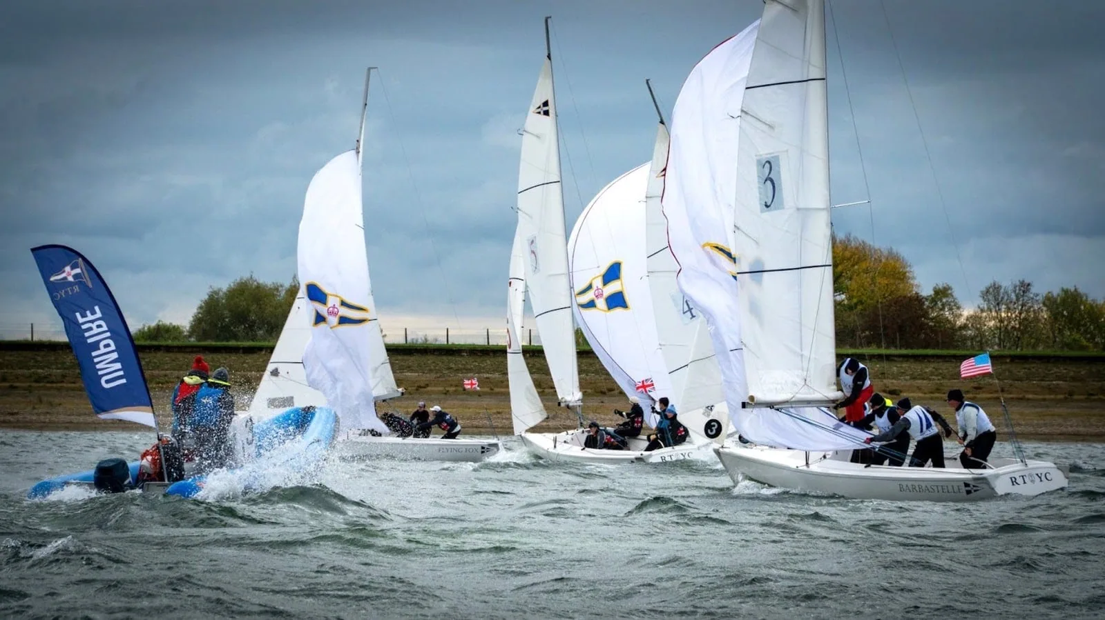 RTYC team-racing keelboats numbered 3 and 4 rounding a mark, Union Jack flag flying