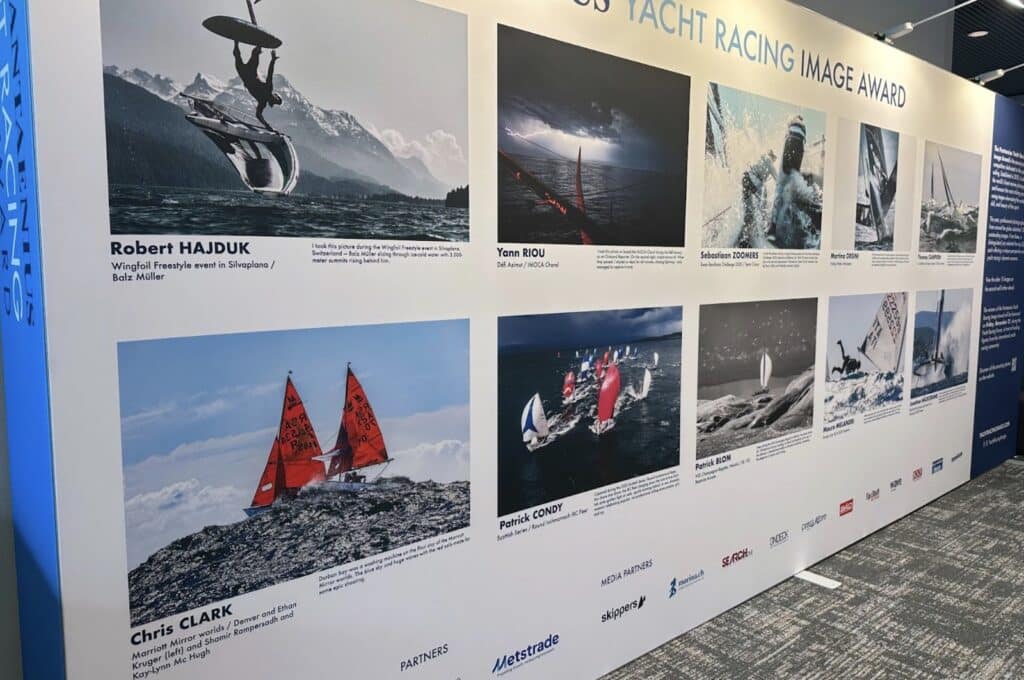 Yacht Racing Image Award photo exhibit wall with entries from several photographers