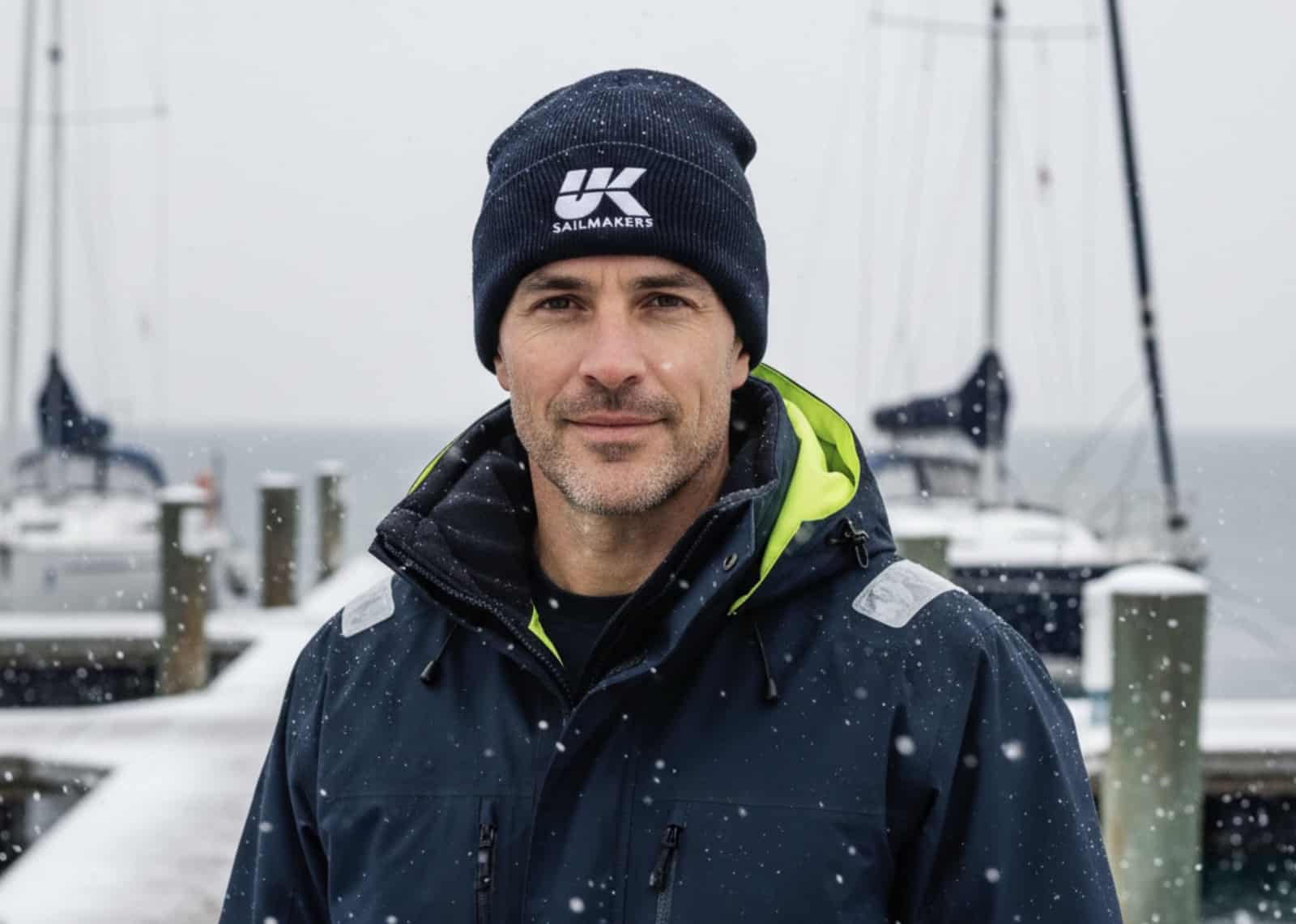 Man wearing a navy UK Sailmakers logo beanie at a snow-covered marina