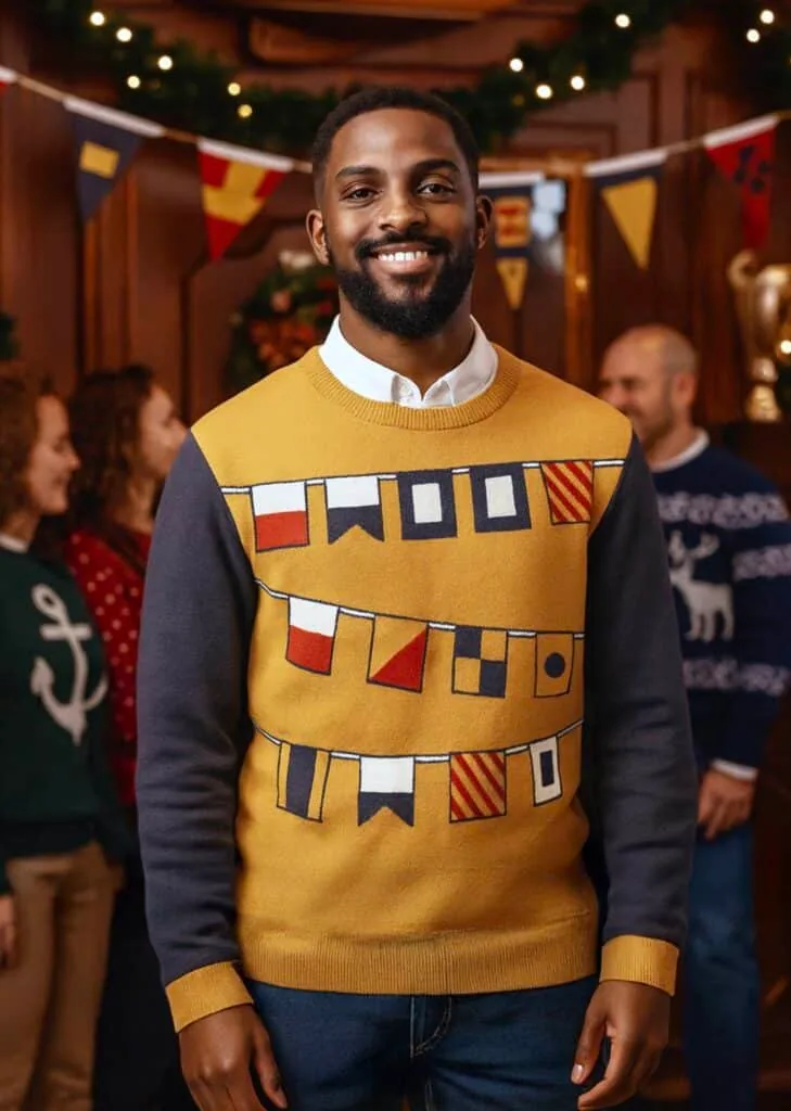 Man wearing a nautical signal-flag pattern holiday sweater at a festive gathering