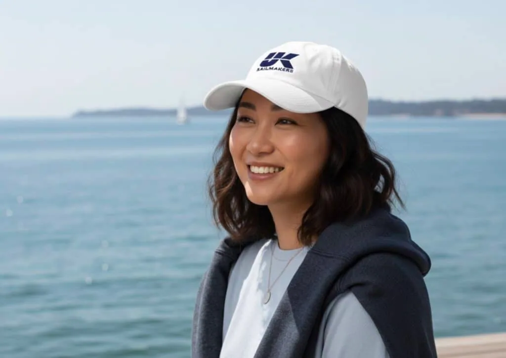 Woman wearing a white UK Sailmakers logo cap beside the water