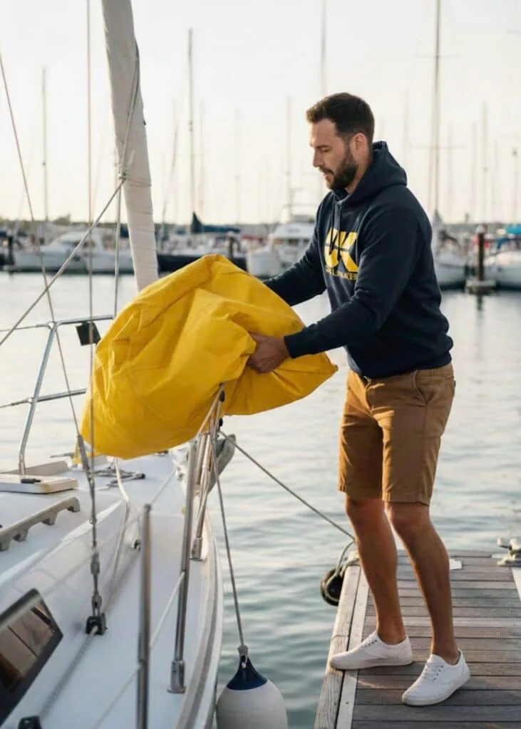Man in a UK Sailmakers hoodie loading a yellow sail bag onto a boat at the dock