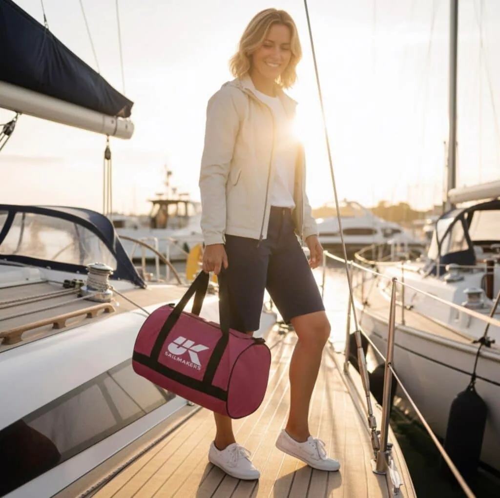 Woman carrying a maroon UK Sailmakers duffel bag along a marina dock at sunset