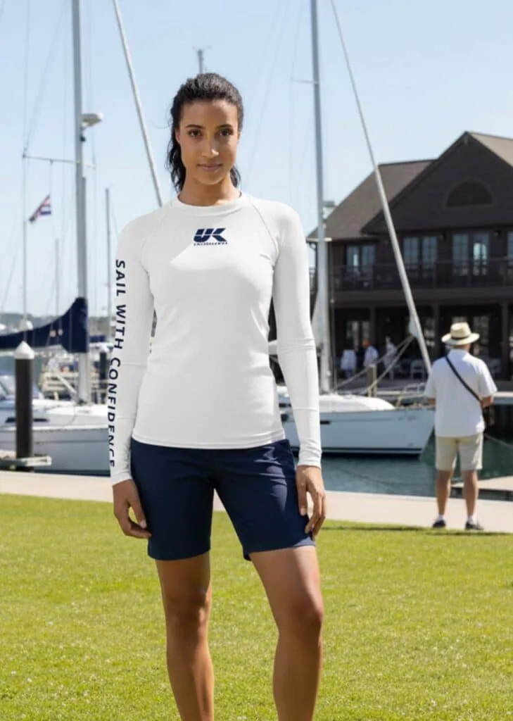 Woman wearing a white UK Sailmakers 'Sail With Confidence' long-sleeve top