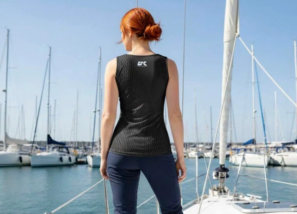 Woman modeling a black UK Sailmakers technical tank top, seen from behind
