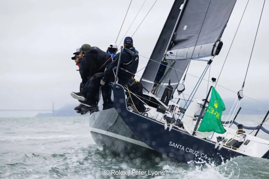 Farr 400 Astra crew hiking off the bow, Golden Gate Bridge faint in the background