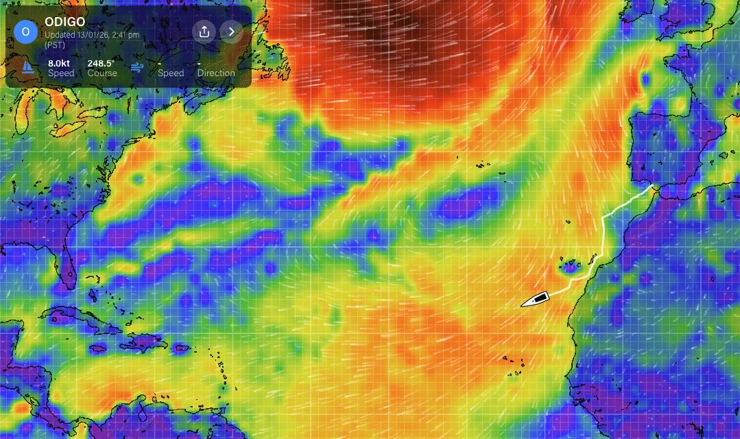 Weather-router screenshot showing ODIGO's position at 8.0kt over an Atlantic wind map