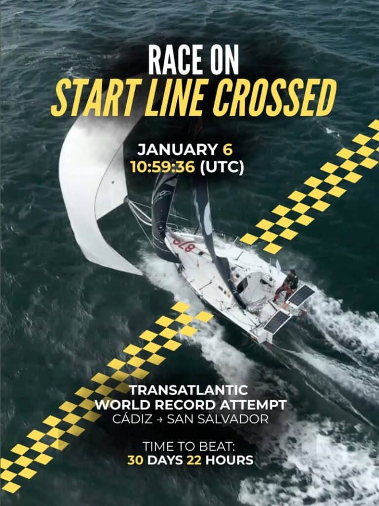 'Start Line Crossed' graphic over an aerial shot of ODIGO beginning her transatlantic record attempt