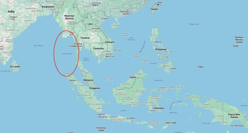 Map of Southeast Asia with the Andaman Sea coast circled in red