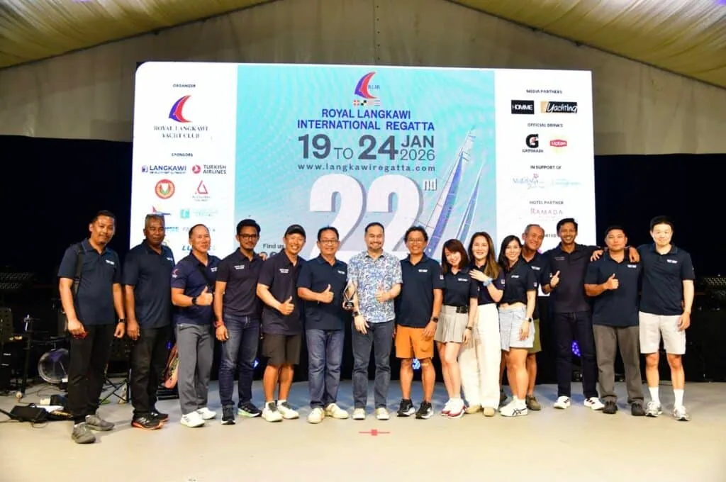 Group of sailors posing on stage at the Royal Langkawi International Regatta prize-giving