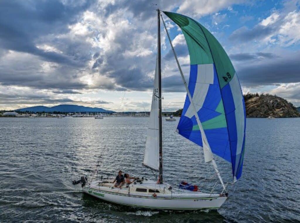 Small cruiser sailing under a green and blue asymmetric spinnaker beneath dramatic clouds