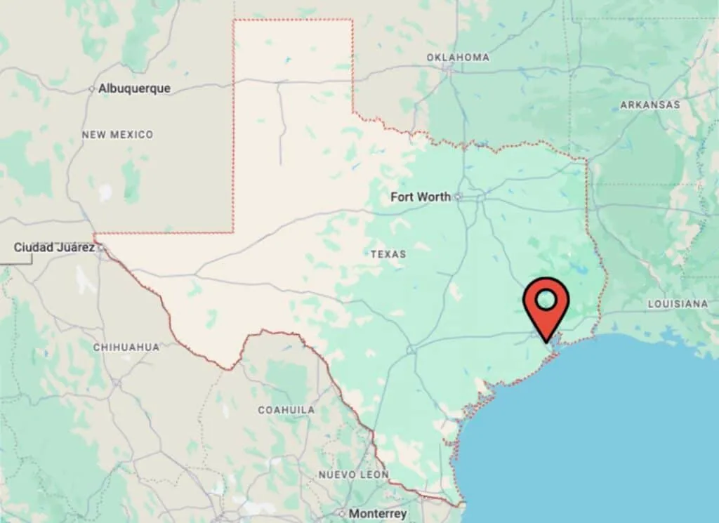 Map with a pin marking a location on the Texas Gulf coast
