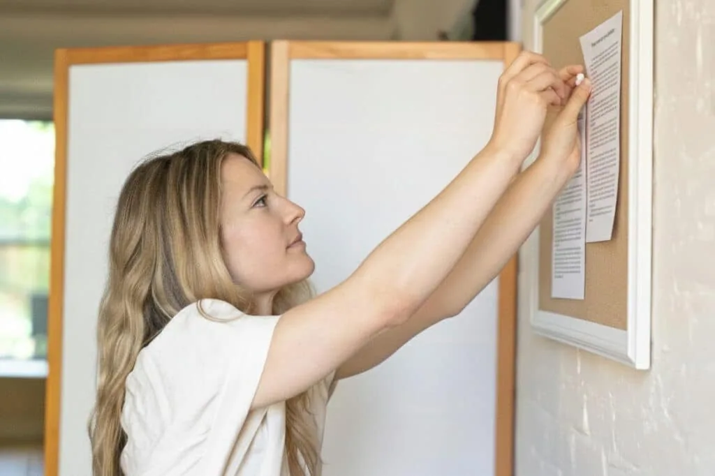 Woman pinning a printed notice to a corkboard indoors
