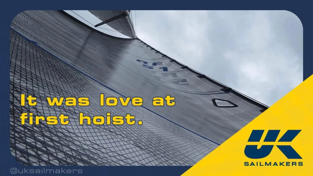 Valentine graphic over a sail closeup: 'It was love at first hoist.'