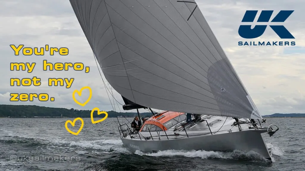 Valentine graphic over a heeled cruiser: 'You're my hero, not my zero.'