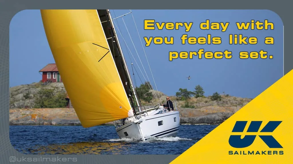 Valentine graphic over a yellow spinnaker: 'Every day feels like a perfect set.'