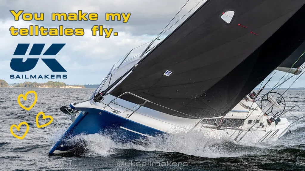 Valentine graphic over a blue-hulled cruiser: 'You make my telltales fly.'