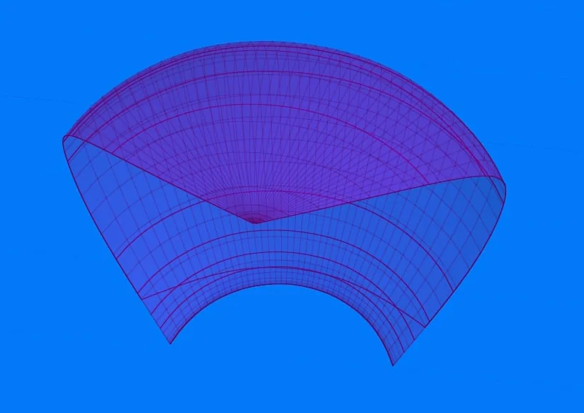3D CAD wireframe render of a spinnaker's panel shape and curvature