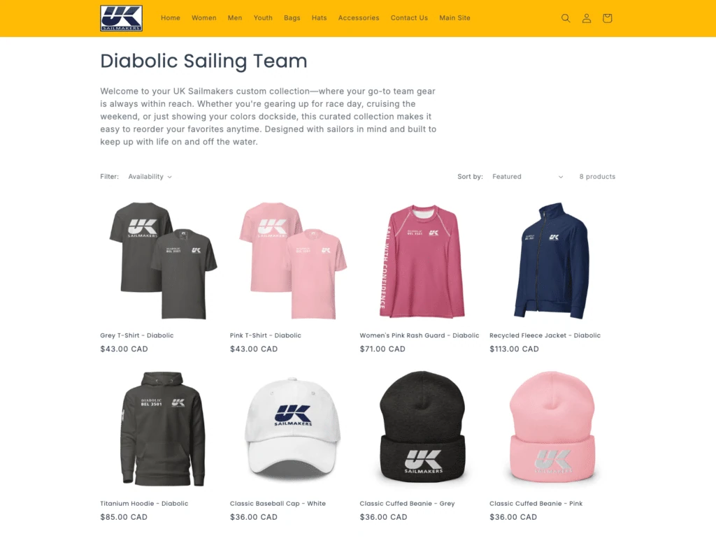UK Sailmakers online store page for the Diabolic Sailing Team apparel