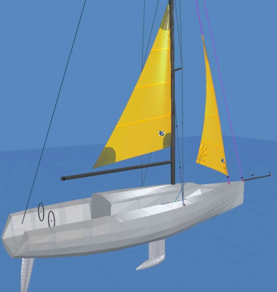 3D rendering of a boat's storm mainsail and jib shown in yellow