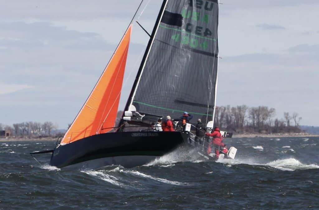 The Sydney 43, Christopher Dragon practicing a crew overboard recovery at the 2014 Storm Trysail Club’s Safety at Sea seminar.