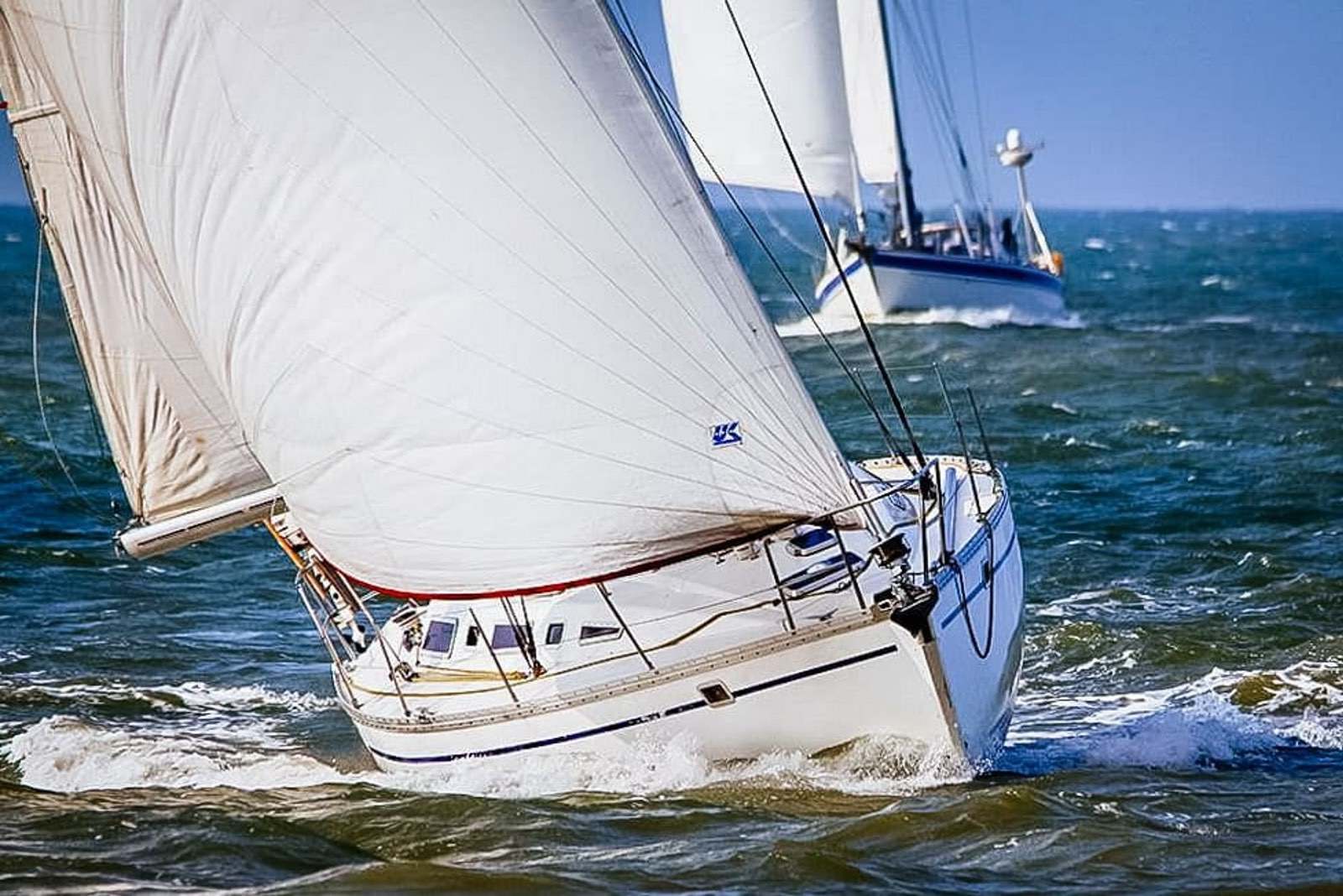 Bow-on view of a cruising genoa's tri-radial panel layout, filled and drawing