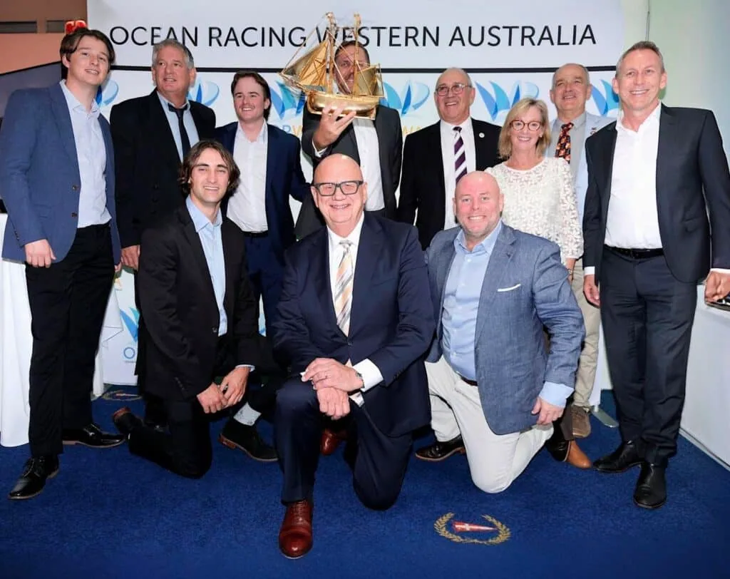 The Obsession team celebrates with the Siska Trophy at the 2026 ORWA Awards ceremony held at the South of Perth Yacht Club on May 23. Photo © Lindsay Preece | Ironbark Photos