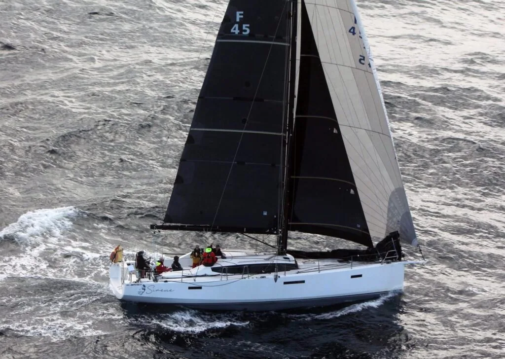 Aerial photo of JPK 45 Sirene on the delivery home from the 2026 Albany race. Photo © Elizabeth Court & Paul Dunbar.
