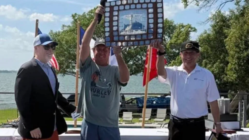 David Ames and Ryan Minth celebrate their big win at the 2026 Flying Scot National Championships. Photo © Scuttlebutt Sailing News.