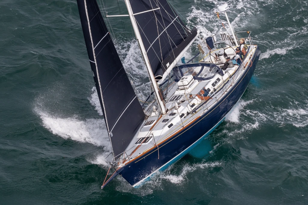 Overhead drone view of the J44 Kenai powering upwind at the Bermuda Race start