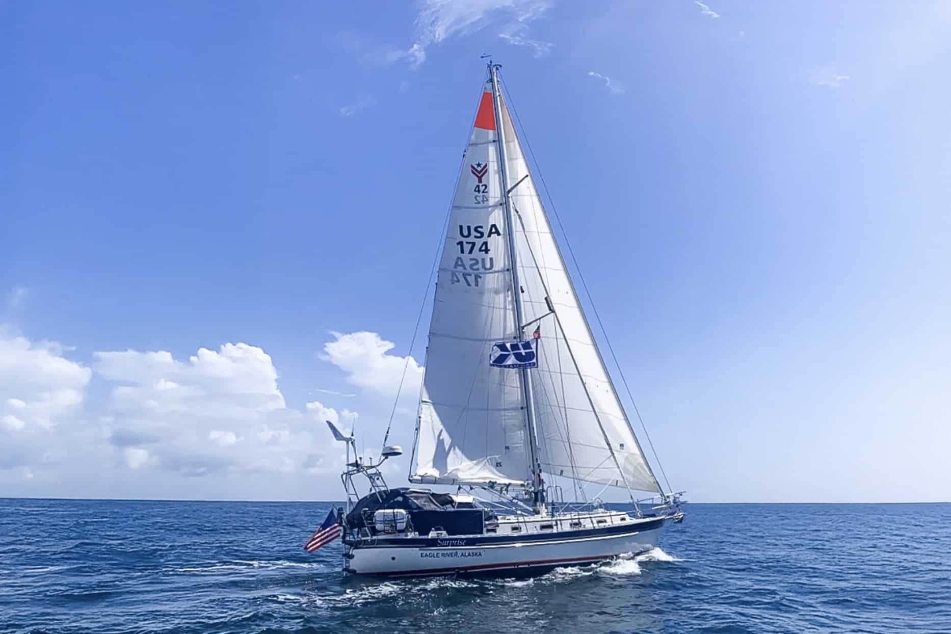 Valiant 42 Surprise, USA 174, sails offshore under full main and genoa