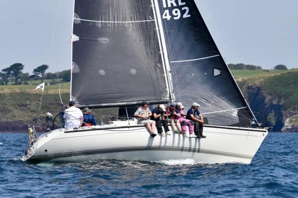 Left: Big Mac during their pre-regatta shakedown sail. Right: The Big Mac crew celebrate their success at this year’s Cork Week. Photo © Ella Fray.