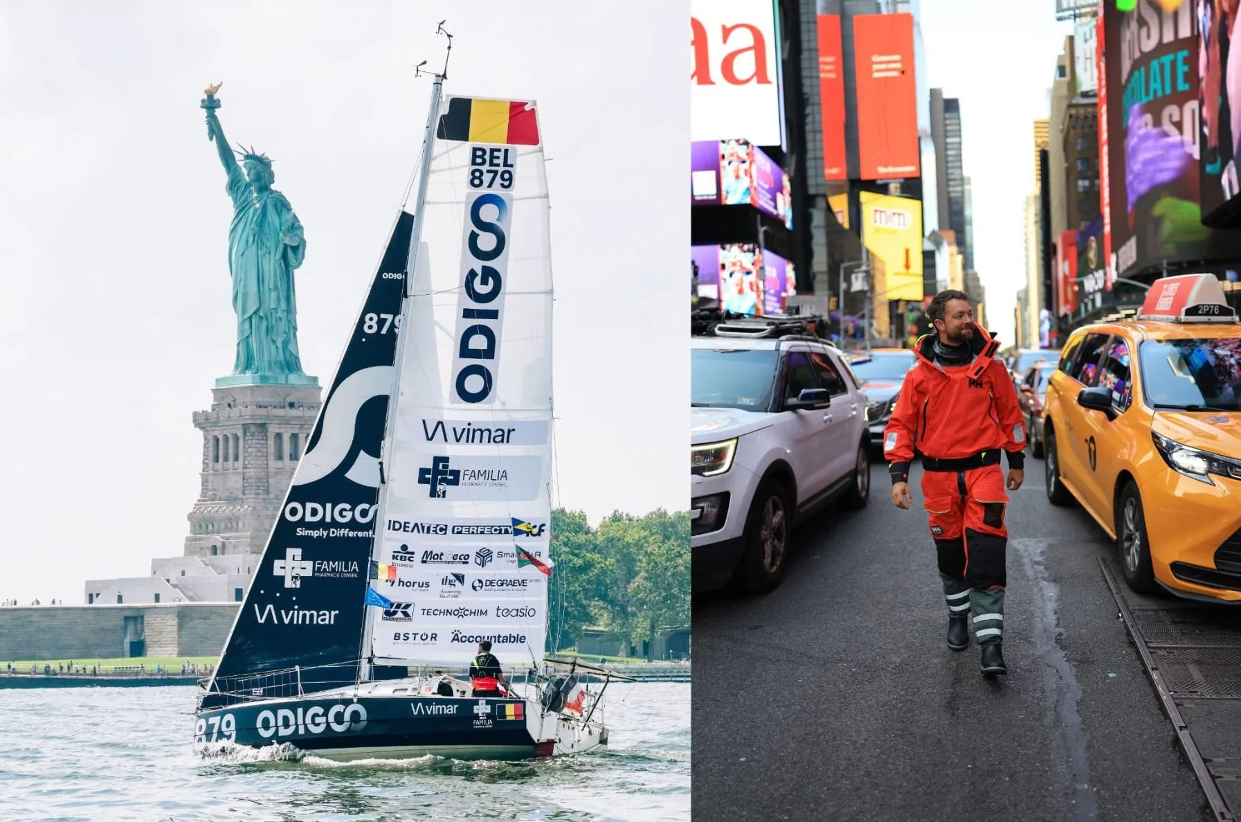 Split image: a solo yacht passes the Statue of Liberty; a sailor crosses Times Square