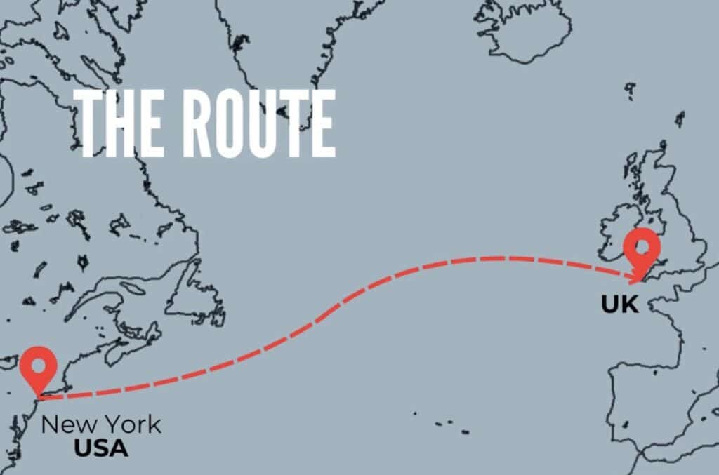 Route map diagram for Quentin Debois' crossing from New York, USA to the UK