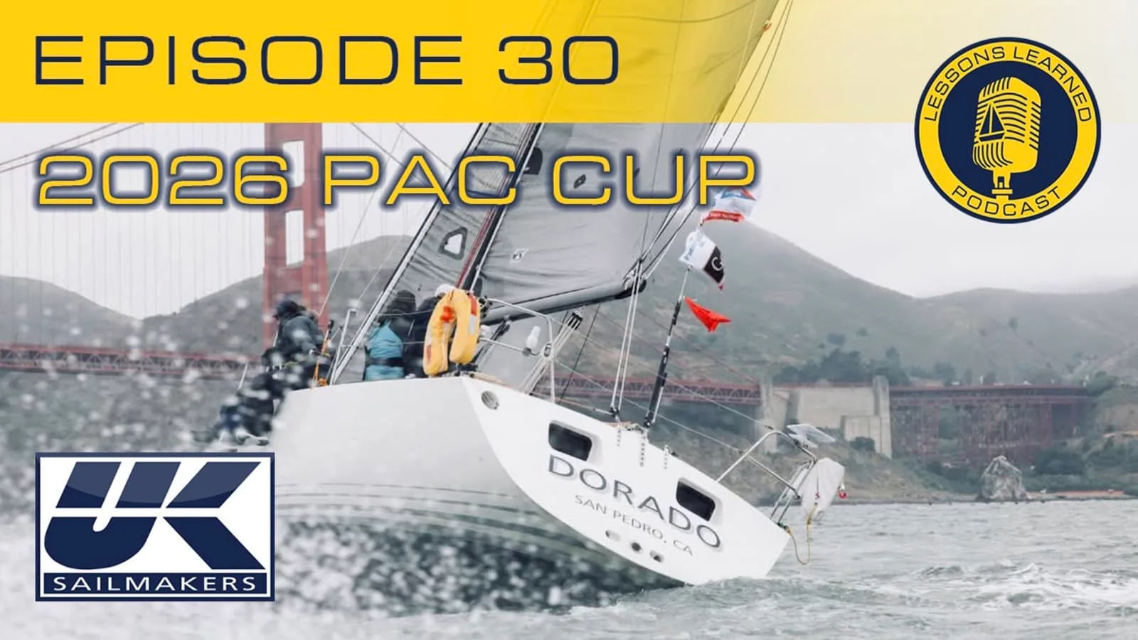 Lessons Learned Episode 30 cover: Express 37 Dorado sailing past the Golden Gate Bridge