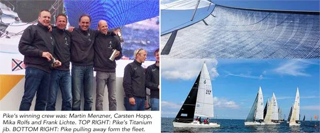 Collage: PIKE's winning crew on the podium, a close-up of its Titanium jib, and PIKE pulling away from the fleet
