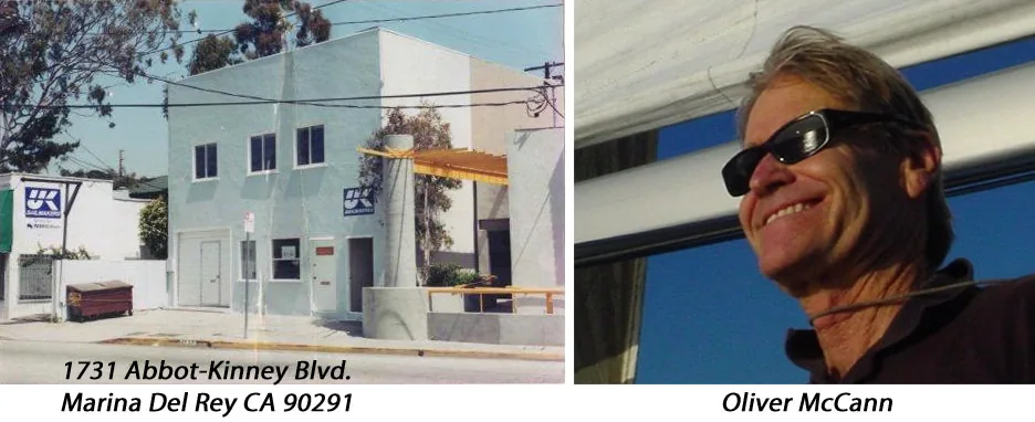UK Sailmakers Marina del Rey loft at 1731 Abbot Kinney Blvd beside a portrait of Oliver McCann in sunglasses