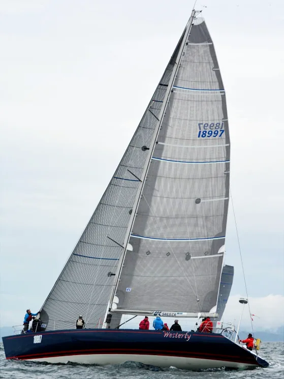 Westerly, sail number 18997, sailing upwind under grey X-Drive® mainsail and jib with crew along the rail
