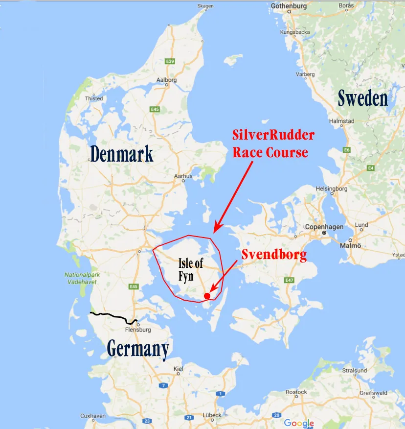 Map of Denmark with the Silverrudder race course circled around the island of Fyn and Svendborg marked