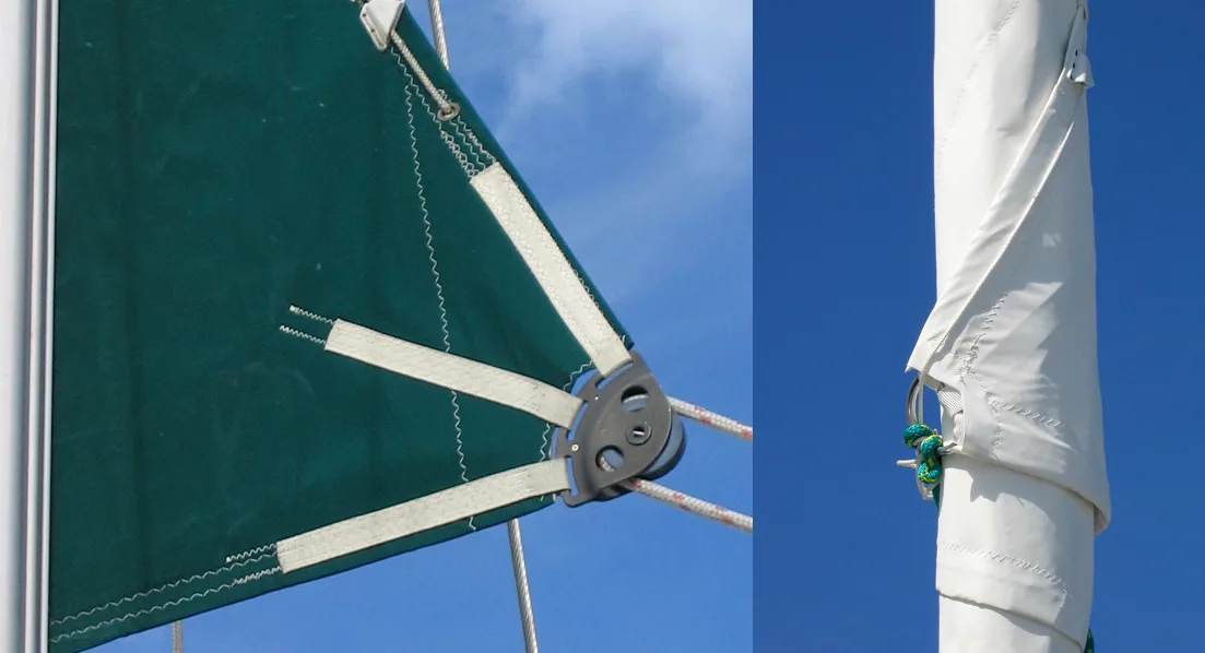 Two close-ups of a roller furling genoa: green UV cover at a stainless clew fitting and the rolled sail at a shackle