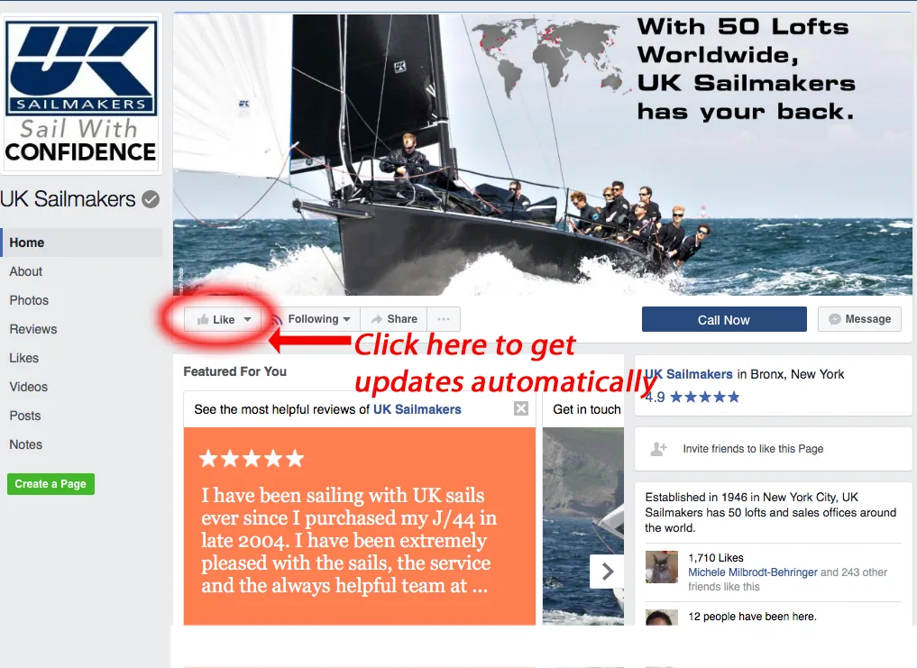 UK Sailmakers Facebook page screenshot with the Like button circled in red and a note to click for automatic updates