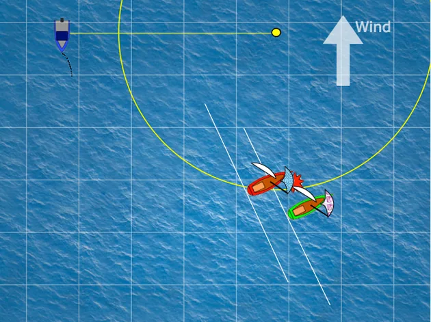Rules Quiz diagram of red and green boats overlapped inside the zone approaching a windward mark, wind arrow above