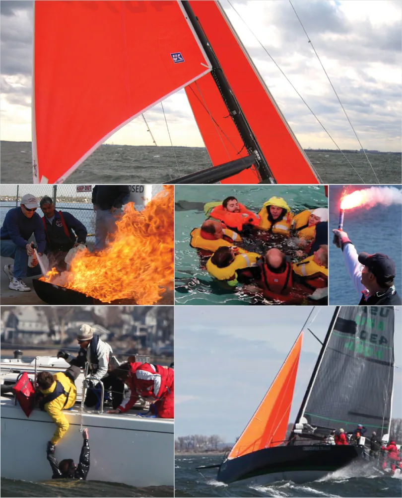 Safety at Sea collage: orange storm sails, fire-extinguisher drill, life-jacket huddle in the water, flare, MOB recovery