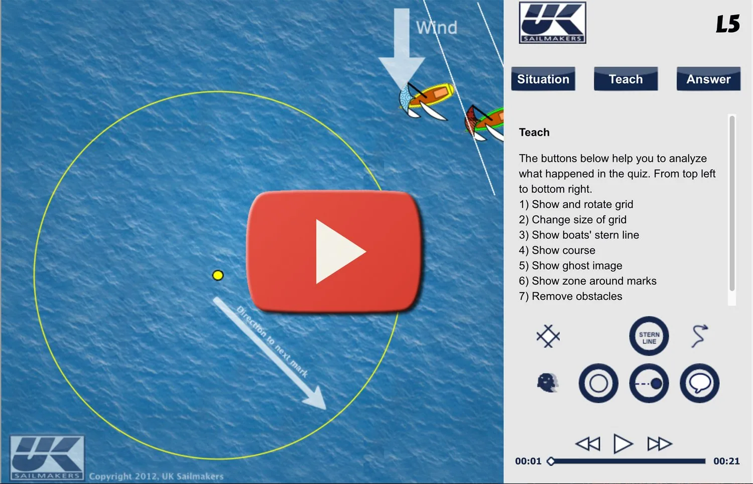 UK Sailmakers Rules Quiz program screenshot with a YouTube play button over a windward-mark zone diagram